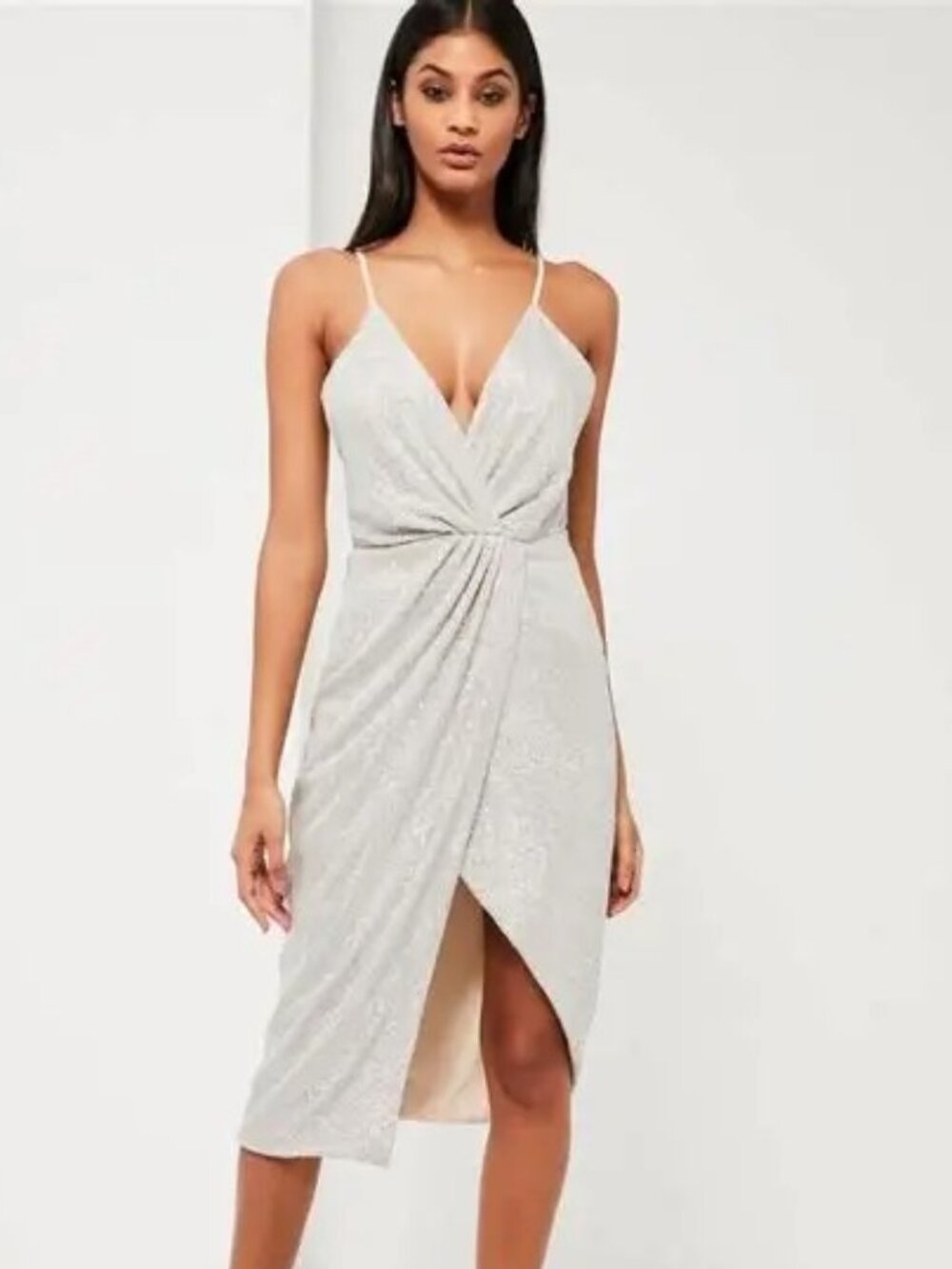 Missguided Peace + Love Silver Sequin Wrap Draped Plunge Midi Dress
